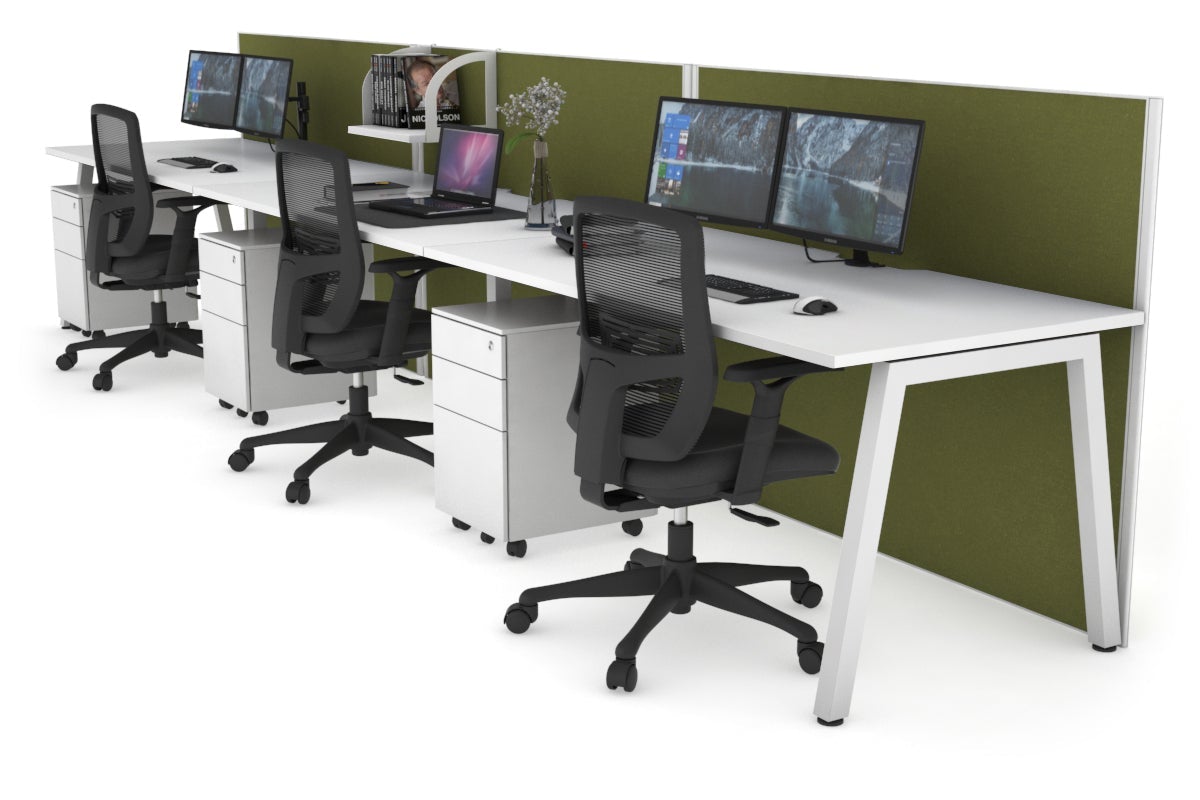Horizon Quadro 3 Person Run A Leg Office Workstations [1400L x 800W with Cable Scallop] Jasonl white leg white green moss (1200H x 4200W)