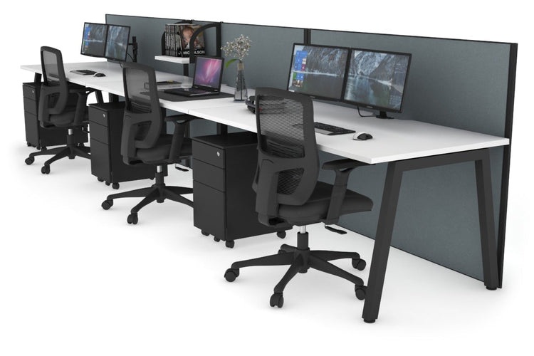 Horizon Quadro 3 Person Run A Leg Office Workstations [1400L x 800W with Cable Scallop] Jasonl black leg white cool grey (1200H x 4200W)