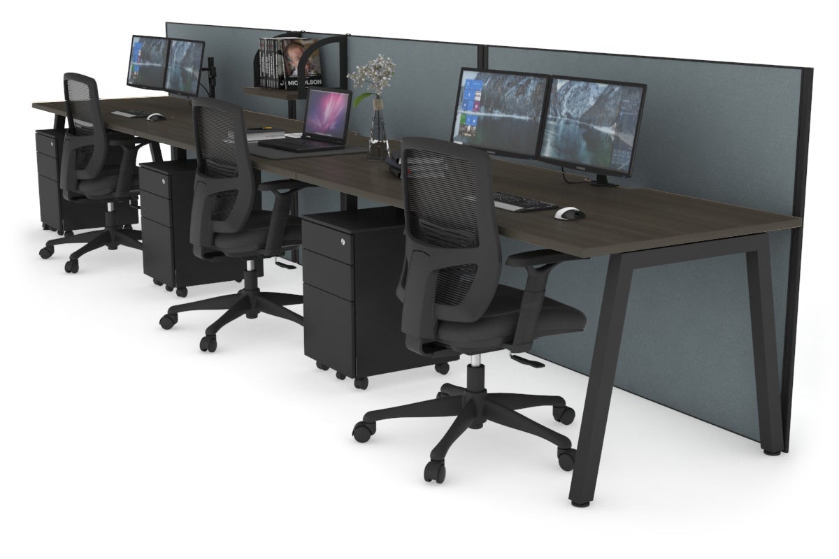 Horizon Quadro 3 Person Run A Leg Office Workstations [1400L x 800W with Cable Scallop] Jasonl black leg dark oak cool grey (1200H x 4200W)