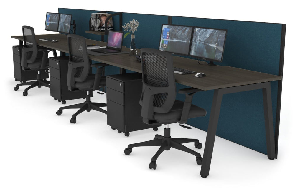 Horizon Quadro 3 Person Run A Legs Office Workstation [1400L x 800W with Cable Scallop]-black leg dark oak deep blue (1200H x 4200W)