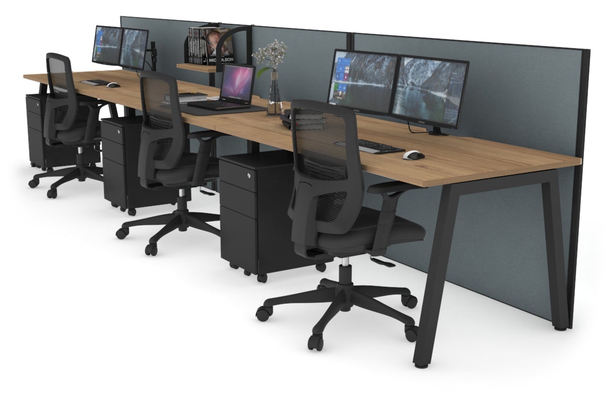 Horizon Quadro 3 Person Run A Leg Office Workstations [1400L x 800W with Cable Scallop] Jasonl black leg salvage oak cool grey (1200H x 4200W)