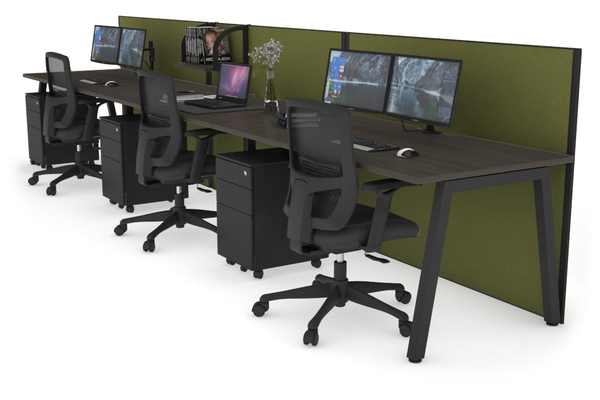 Horizon Quadro 3 Person Run A Leg Office Workstations [1400L x 800W with Cable Scallop] Jasonl black leg dark oak green moss (1200H x 4200W)