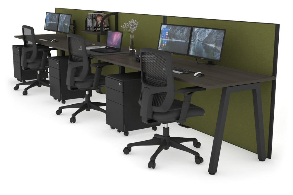 Horizon Quadro 3 Person Run A Legs Office Workstation [1600L x 700W]-black leg dark oak green moss (1200H x 4800W)