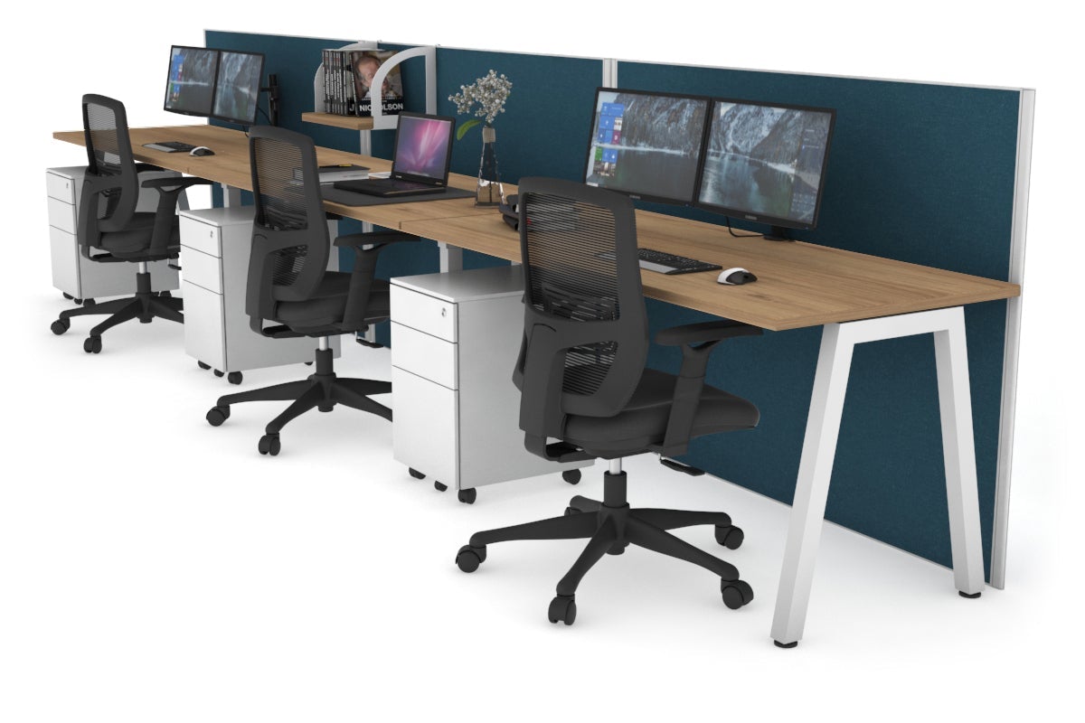 Horizon Quadro 3 Person Run A Leg Office Workstations [1600L x 700W] Jasonl white leg salvage oak deep blue (1200H x 4800W)