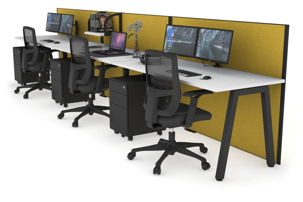 Horizon Quadro 3 Person Run A Legs Office Workstation [1600L x 700W]-black leg white mustard yellow (1200H x 4800W)