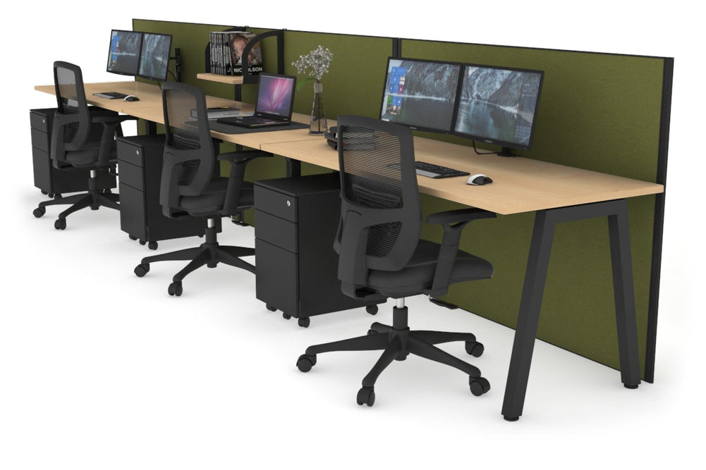 Horizon Quadro 3 Person Run A Legs Office Workstation [1600L x 700W]-black leg maple green moss (1200H x 4800W)