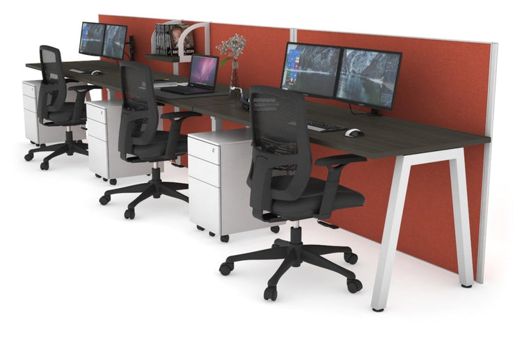 Horizon Quadro 3 Person Run A Leg Office Workstations [1600L x 700W] Jasonl white leg dark oak orange squash (1200H x 4800W)