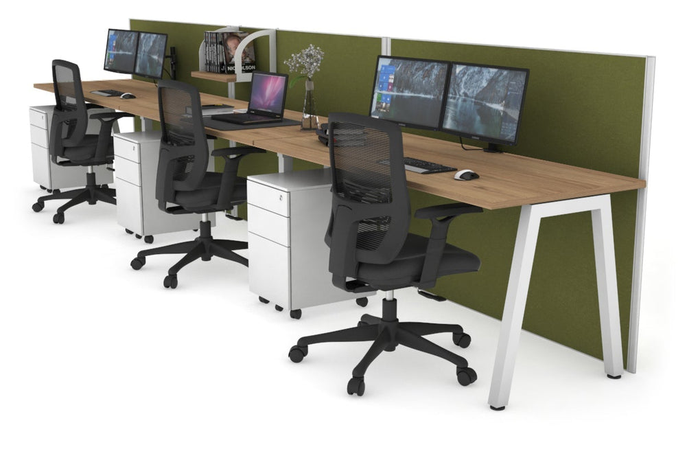 Horizon Quadro 3 Person Run A Legs Office Workstation [1600L x 700W]-white leg salvage oak green moss (1200H x 4800W)