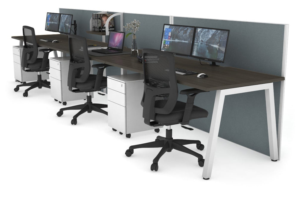 Horizon Quadro 3 Person Run A Legs Office Workstation [1600L x 800W with Cable Scallop]-white leg dark oak cool grey (1200H x 4800W)