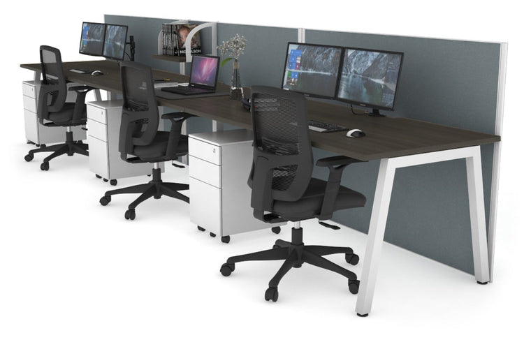 Horizon Quadro 3 Person Run A Leg Office Workstations [1600L x 800W with Cable Scallop] Jasonl white leg dark oak cool grey (1200H x 4800W)