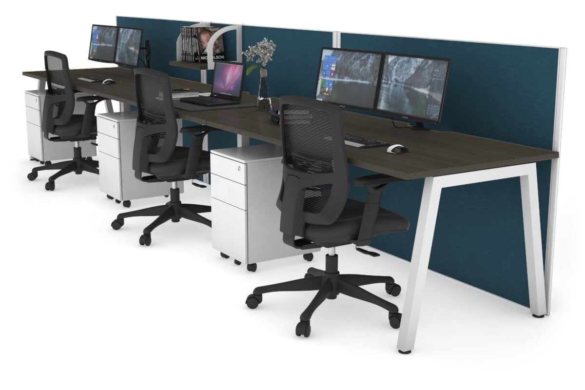 Horizon Quadro 3 Person Run A Leg Office Workstations [1600L x 800W with Cable Scallop] Jasonl white leg dark oak deep blue (1200H x 4800W)
