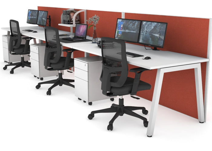 Horizon Quadro 3 Person Run A Leg Office Workstations [1600L x 800W with Cable Scallop] Jasonl white leg white orange squash (1200H x 4800W)