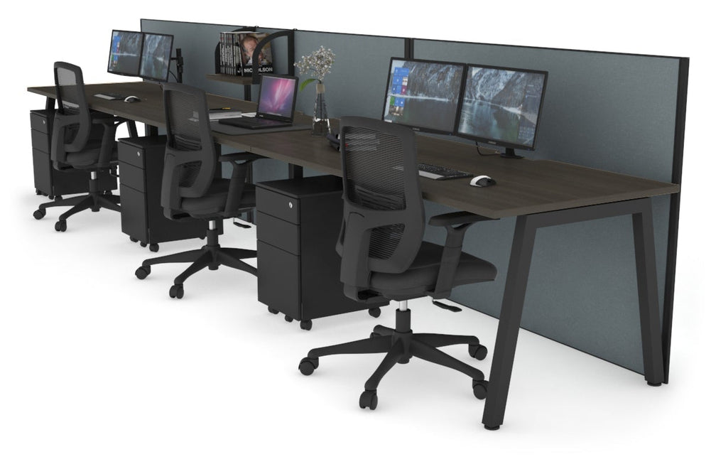 Horizon Quadro 3 Person Run A Legs Office Workstation [1600L x 800W with Cable Scallop]-black leg dark oak cool grey (1200H x 4800W)