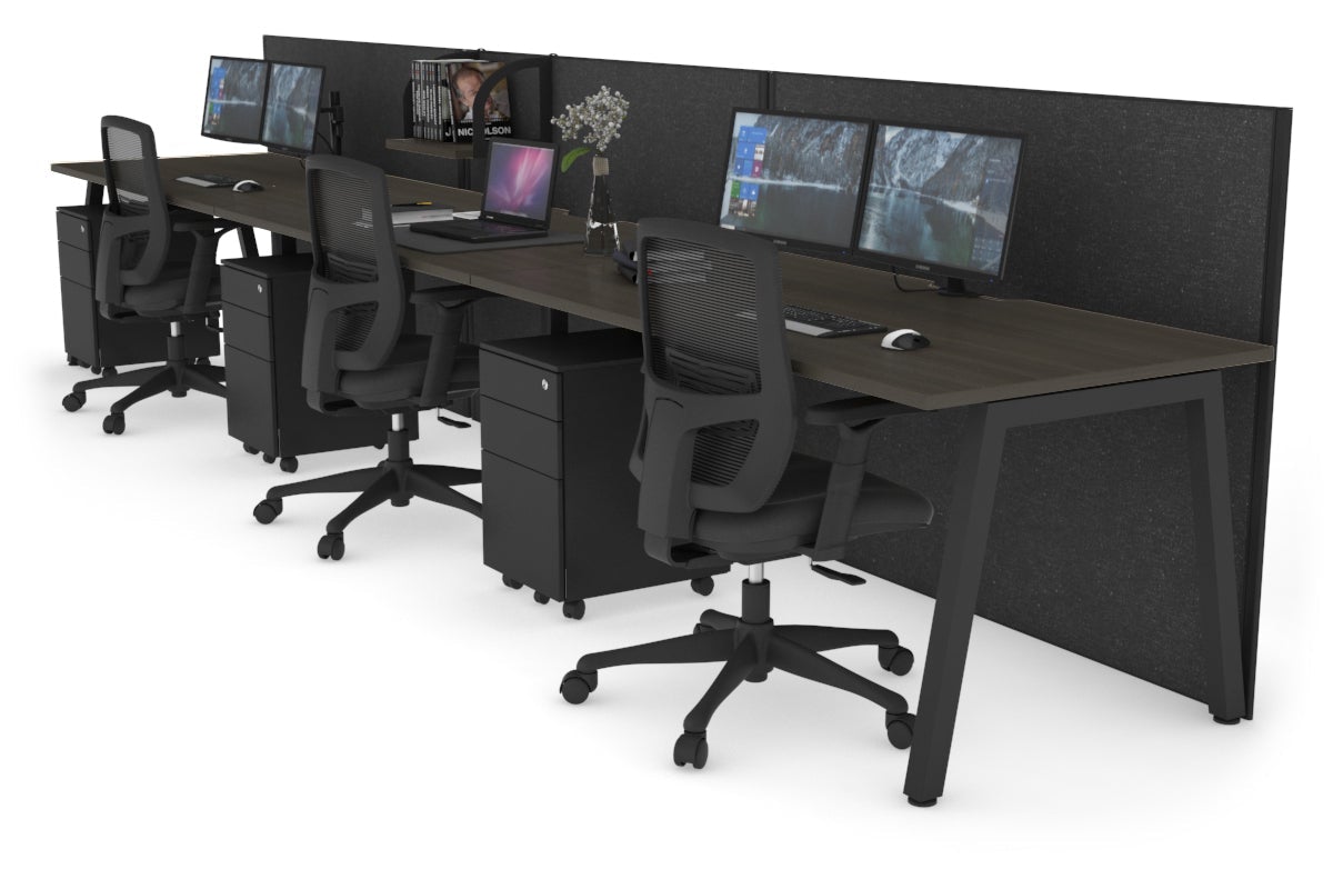 Horizon Quadro 3 Person Run A Leg Office Workstations [1600L x 800W with Cable Scallop] Jasonl black leg dark oak moody charcoal (1200H x 4800W)