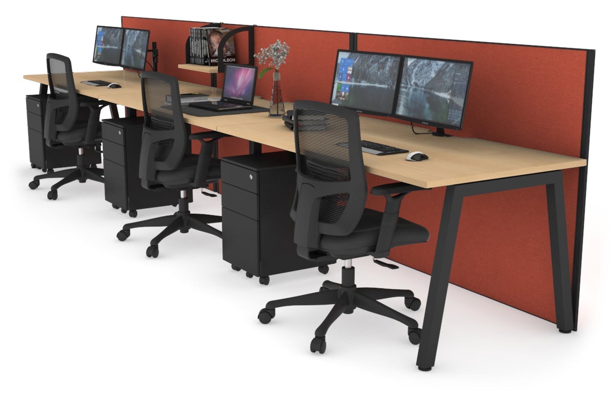 Horizon Quadro 3 Person Run A Leg Office Workstations [1600L x 800W with Cable Scallop] Jasonl black leg maple orange squash (1200H x 4800W)
