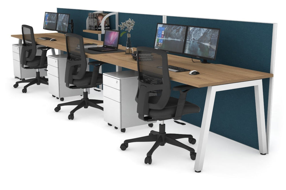 Horizon Quadro 3 Person Run A Legs Office Workstation [1600L x 800W with Cable Scallop]-white leg salvage oak deep blue (1200H x 4800W)