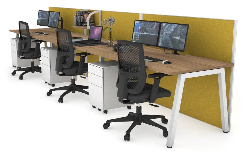 Horizon Quadro 3 Person Run A Legs Office Workstation [1600L x 800W with Cable Scallop]-white leg salvage oak mustard yellow (1200H x 4800W)
