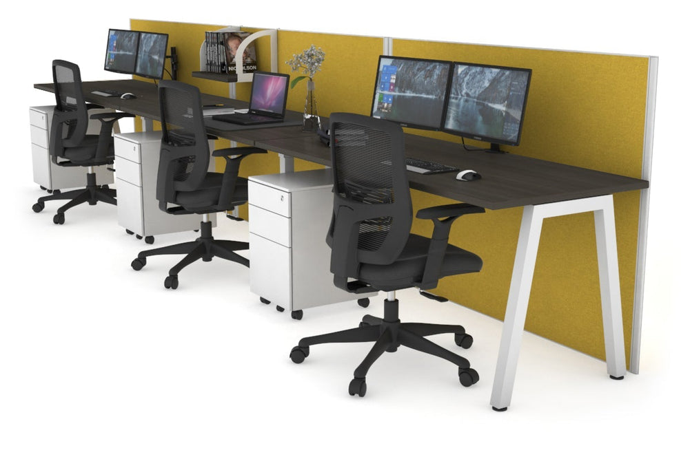 Horizon Quadro 3 Person Run A Legs Office Workstation [1800L x 700W]-white leg dark oak mustard yellow (1200H x 5400W)