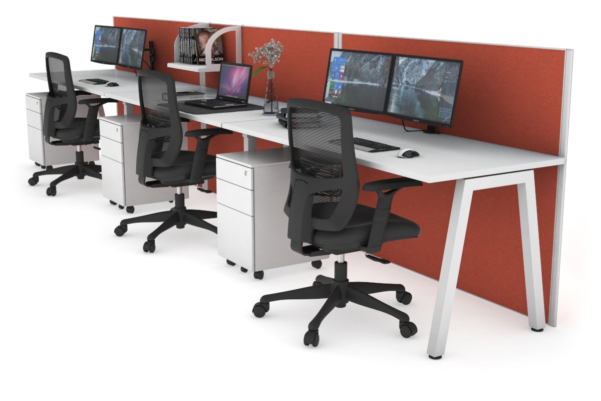 Horizon Quadro 3 Person Run A Leg Office Workstations [1800L x 700W] Jasonl white leg white orange squash (1200H x 5400W)