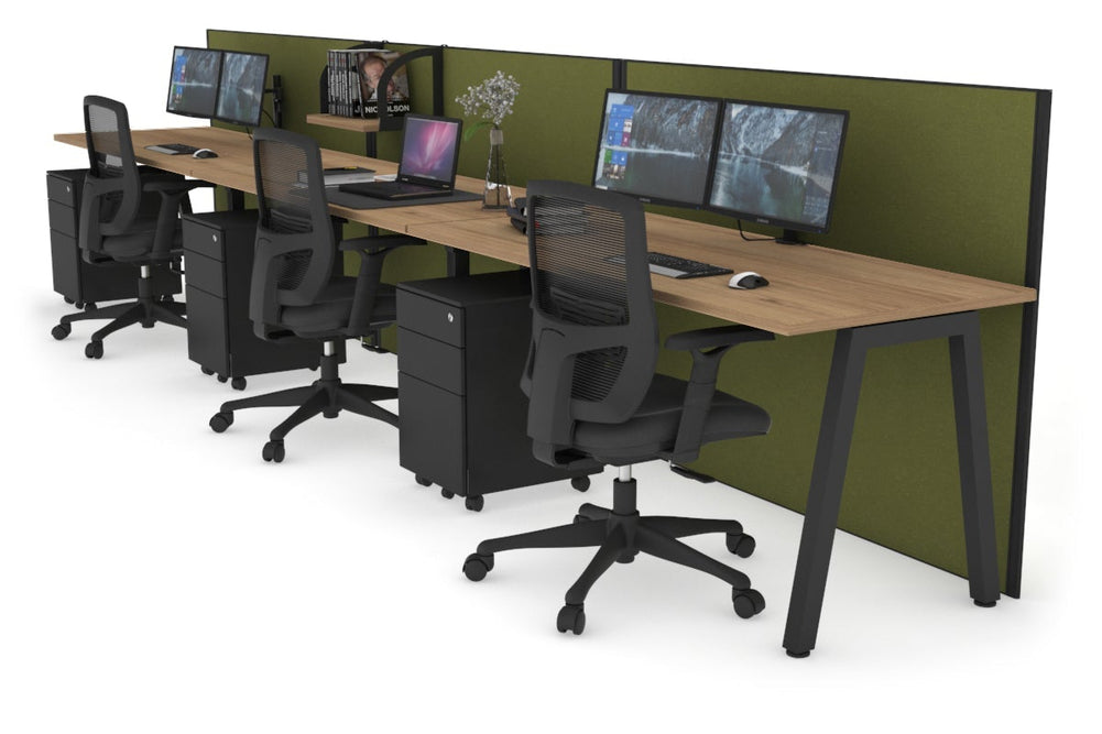 Horizon Quadro 3 Person Run A Legs Office Workstation [1800L x 700W]-black leg salvage oak green moss (1200H x 5400W)