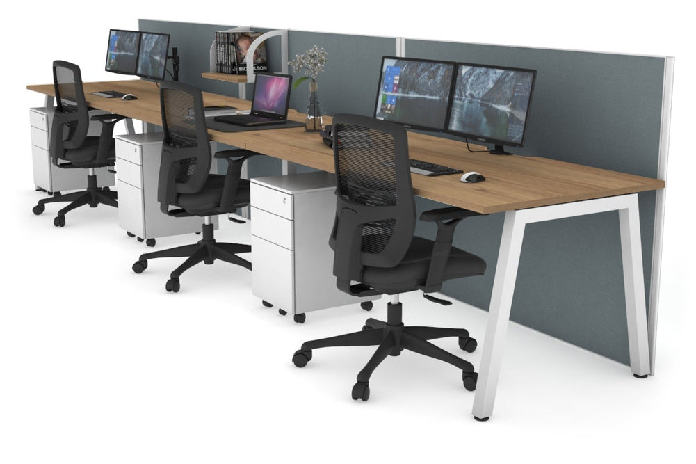 Horizon Quadro 3 Person Run A Legs Office Workstation [1800L x 800W with Cable Scallop]-white leg salvage oak cool grey (1200H x 5400W)