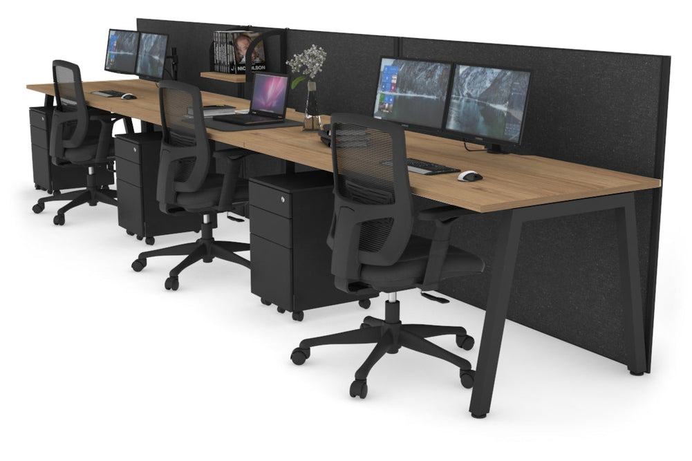 Horizon Quadro 3 Person Run A Legs Office Workstation [1800L x 800W with Cable Scallop]-black leg salvage oak moody charcoal (1200H x 5400W)