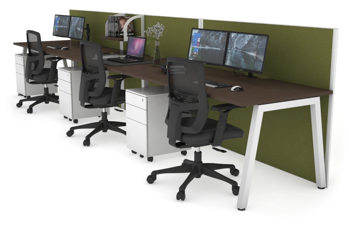 Horizon Quadro 3 Person Run A Leg Office Workstations [1800L x 800W with Cable Scallop] Jasonl white leg wenge green moss (1200H x 5400W)