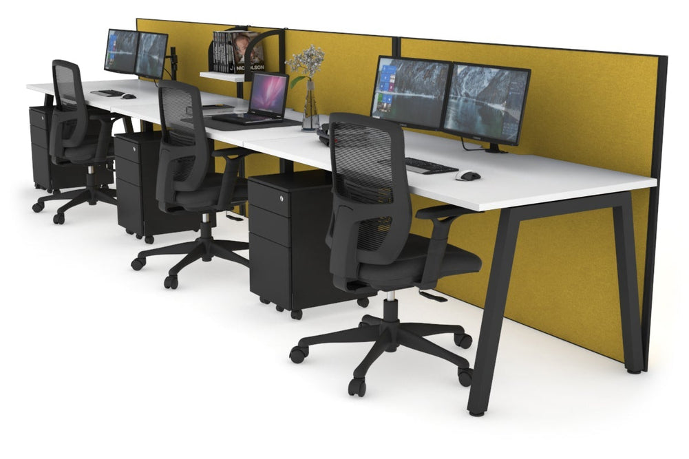 Horizon Quadro 3 Person Run A Legs Office Workstation [1800L x 800W with Cable Scallop]-black leg white mustard yellow (1200H x 5400W)