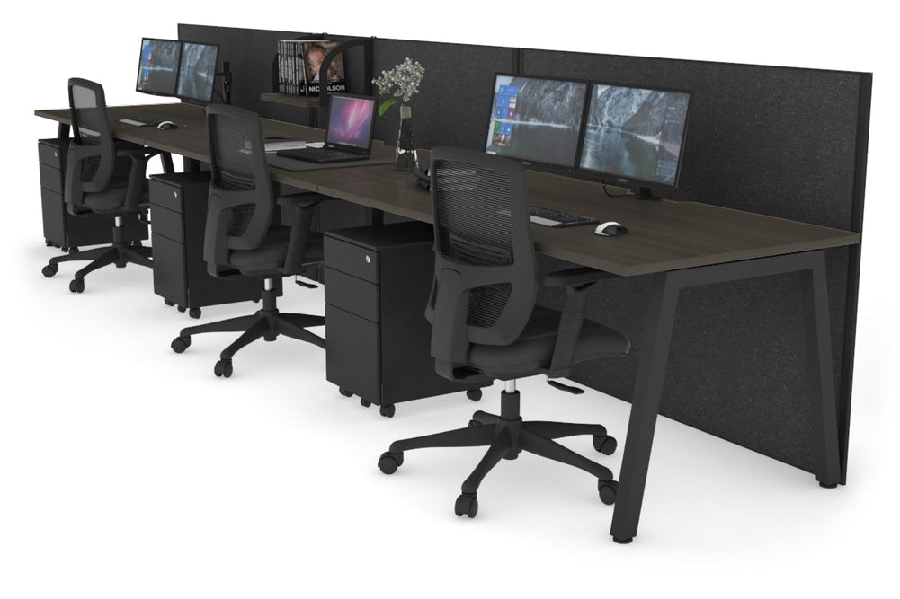 Horizon Quadro 3 Person Run A Legs Office Workstation [1800L x 800W with Cable Scallop]-black leg dark oak moody charcoal (1200H x 5400W)