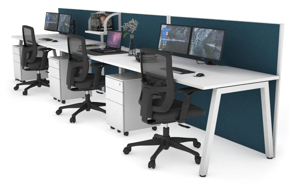 Horizon Quadro 3 Person Run A Legs Office Workstation [1800L x 800W with Cable Scallop]-white leg white deep blue (1200H x 5400W)