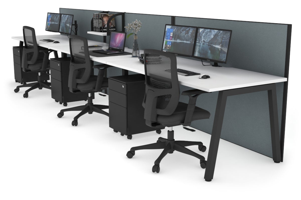 Horizon Quadro 3 Person Run A Leg Office Workstations [1800L x 800W with Cable Scallop] Jasonl black leg white cool grey (1200H x 5400W)