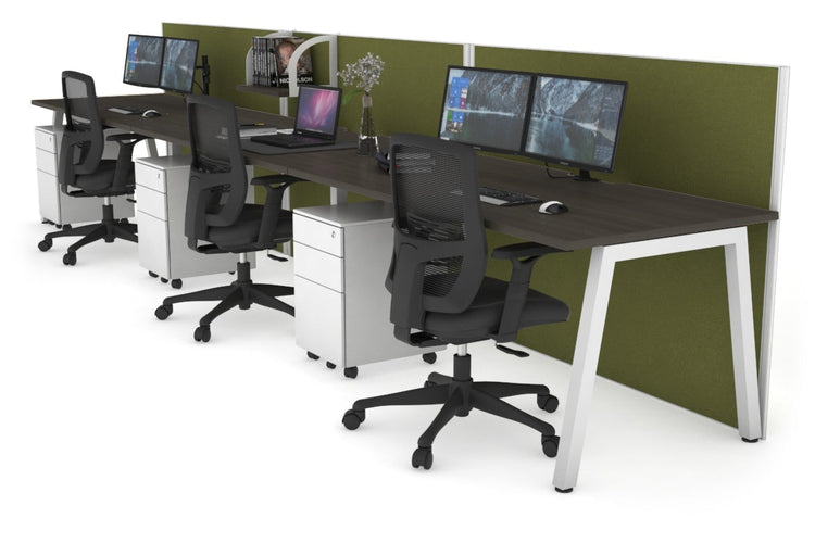 Horizon Quadro 3 Person Run A Leg Office Workstations [1800L x 800W with Cable Scallop] Jasonl white leg dark oak green moss (1200H x 5400W)