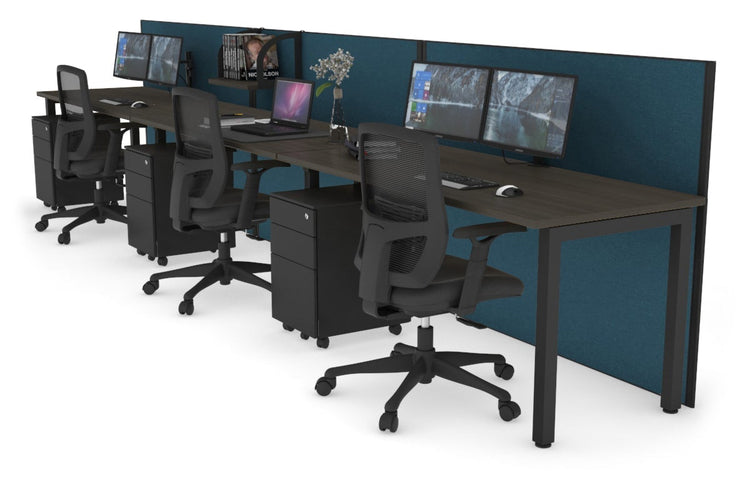 Horizon Quadro 3 Person Run Square Leg Office Workstations [1200L x 700W] Jasonl black leg dark oak deep blue (1200H x 3600W)