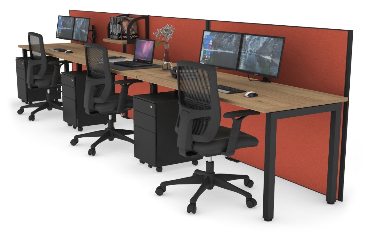 Horizon Quadro 3 Person Run Square Leg Office Workstations [1200L x 700W] Jasonl black leg salvage oak orange squash (1200H x 3600W)