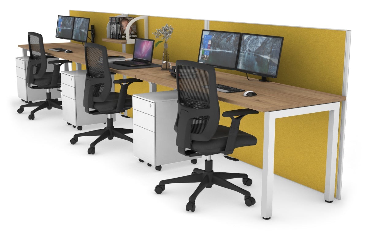 Horizon Quadro 3 Person Run Square Leg Office Workstations [1200L x 700W] Jasonl white leg salvage oak mustard yellow (1200H x 3600W)