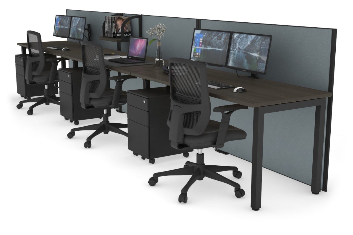 Horizon Quadro 3 Person Run Square Leg Office Workstations [1200L x 700W] Jasonl black leg dark oak cool grey (1200H x 3600W)