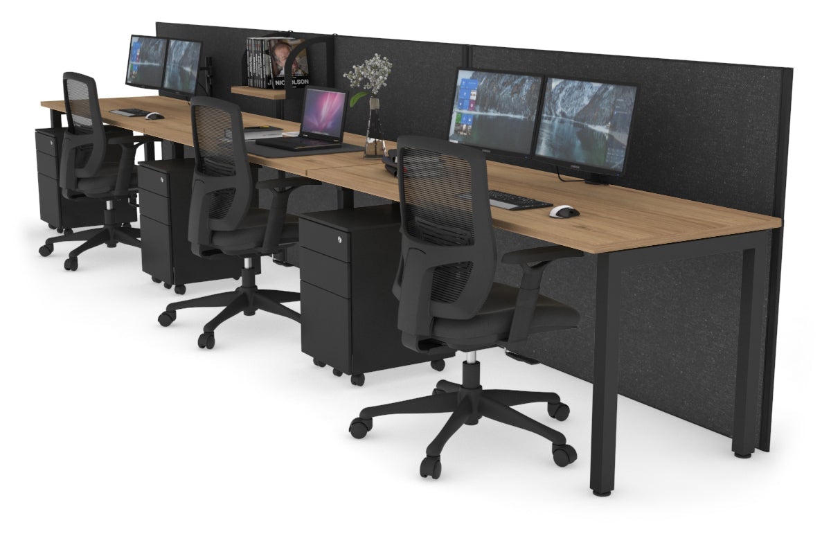 Horizon Quadro 3 Person Run Square Leg Office Workstations [1200L x 700W] Jasonl black leg salvage oak moody charcoal (1200H x 3600W)
