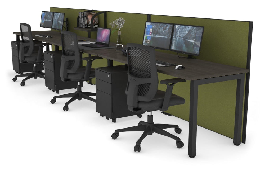 Horizon Quadro 3 Person Run Square Legs Office Workstation [1200L x 700W]-black leg dark oak green moss (1200H x 3600W)