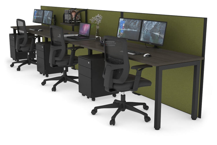 Horizon Quadro 3 Person Run Square Leg Office Workstations [1200L x 700W] Jasonl black leg dark oak green moss (1200H x 3600W)