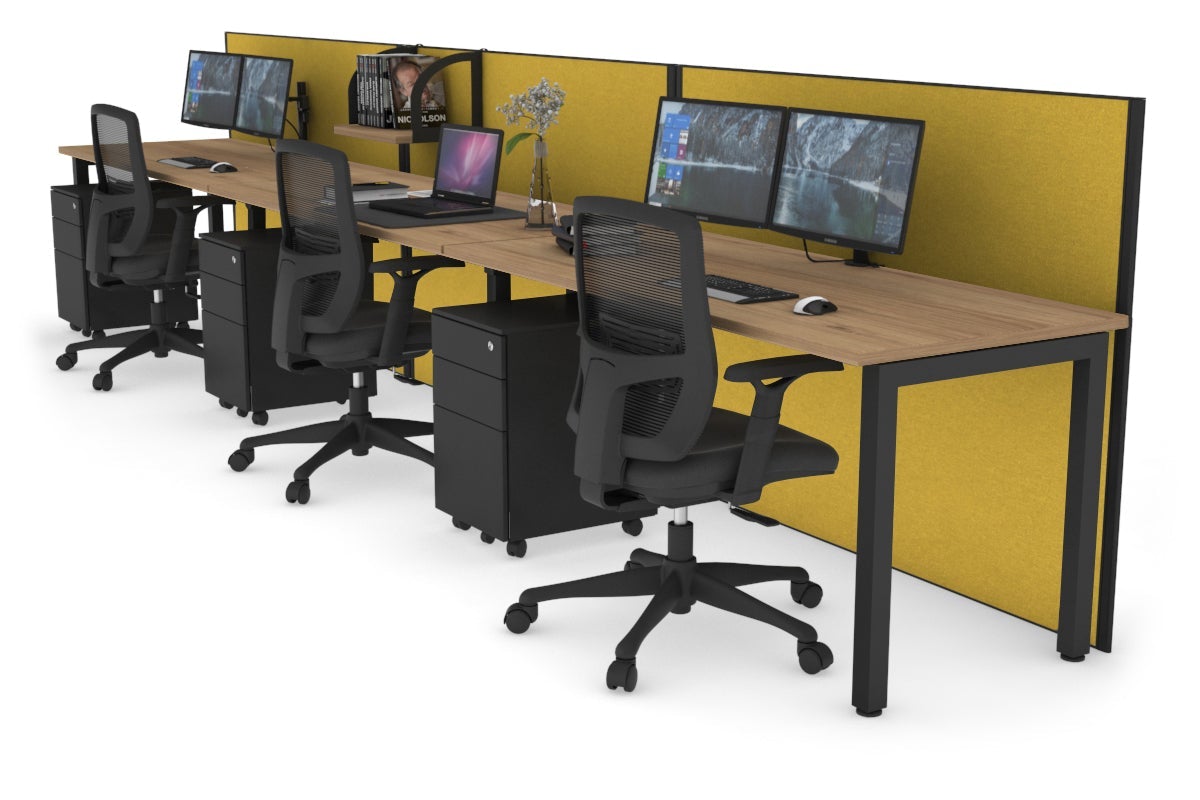 Horizon Quadro 3 Person Run Square Leg Office Workstations [1200L x 700W] Jasonl black leg salvage oak mustard yellow (1200H x 3600W)
