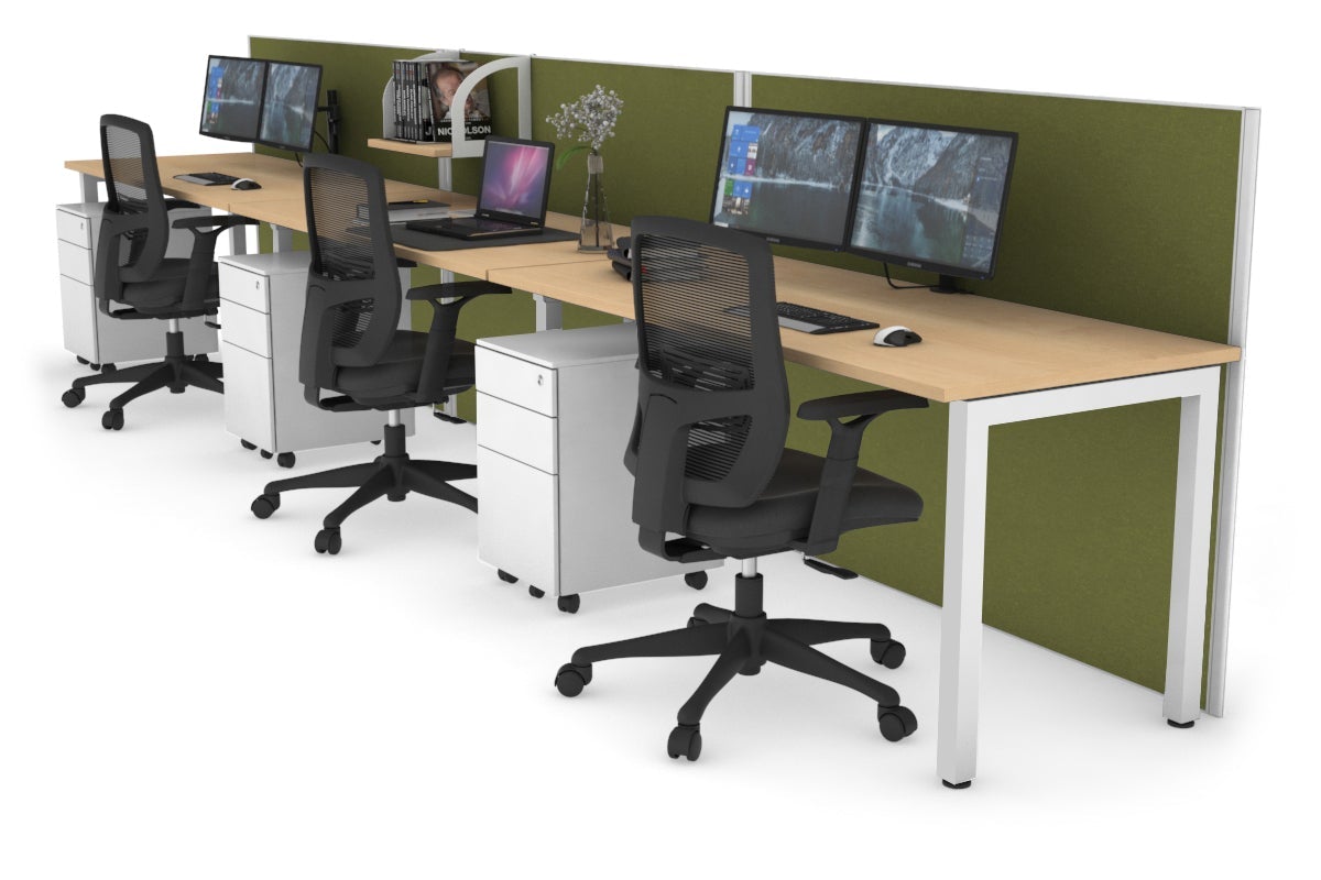 Horizon Quadro 3 Person Run Square Leg Office Workstations [1200L x 700W] Jasonl white leg maple green moss (1200H x 3600W)