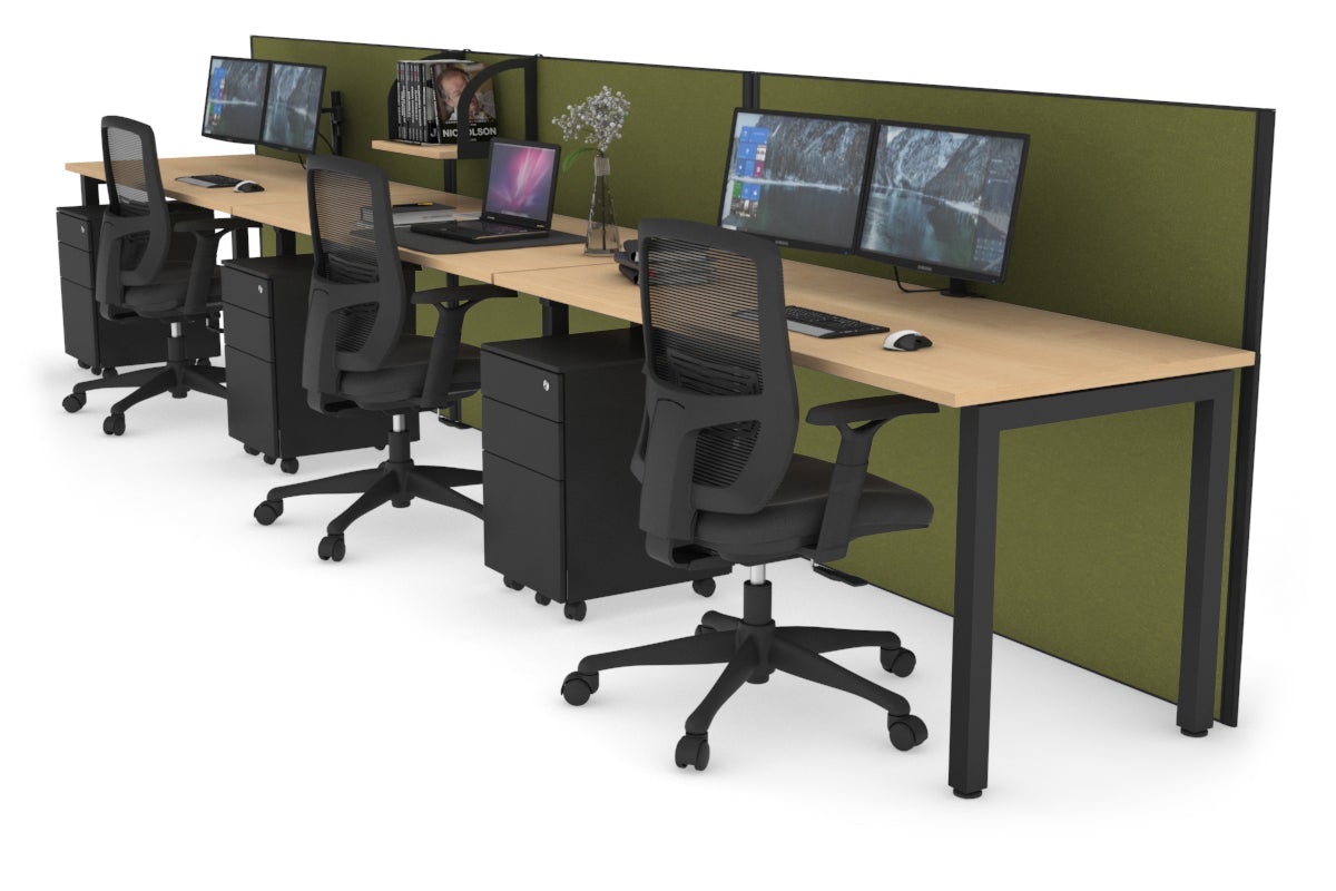 Horizon Quadro 3 Person Run Square Leg Office Workstations [1200L x 700W] Jasonl black leg maple green moss (1200H x 3600W)