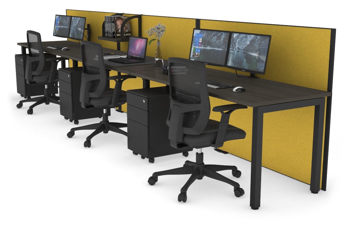 Horizon Quadro 3 Person Run Square Leg Office Workstations [1200L x 700W] Jasonl black leg dark oak mustard yellow (1200H x 3600W)