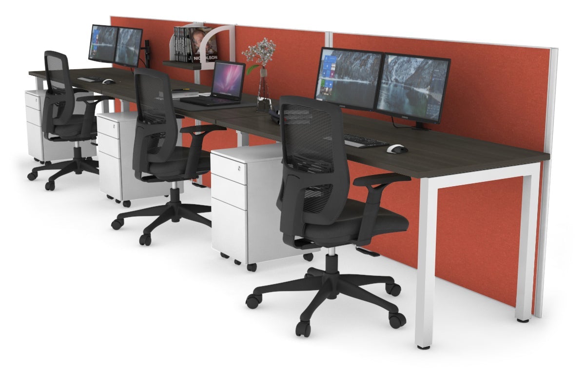 Horizon Quadro 3 Person Run Square Leg Office Workstations [1200L x 700W] Jasonl white leg dark oak orange squash (1200H x 3600W)