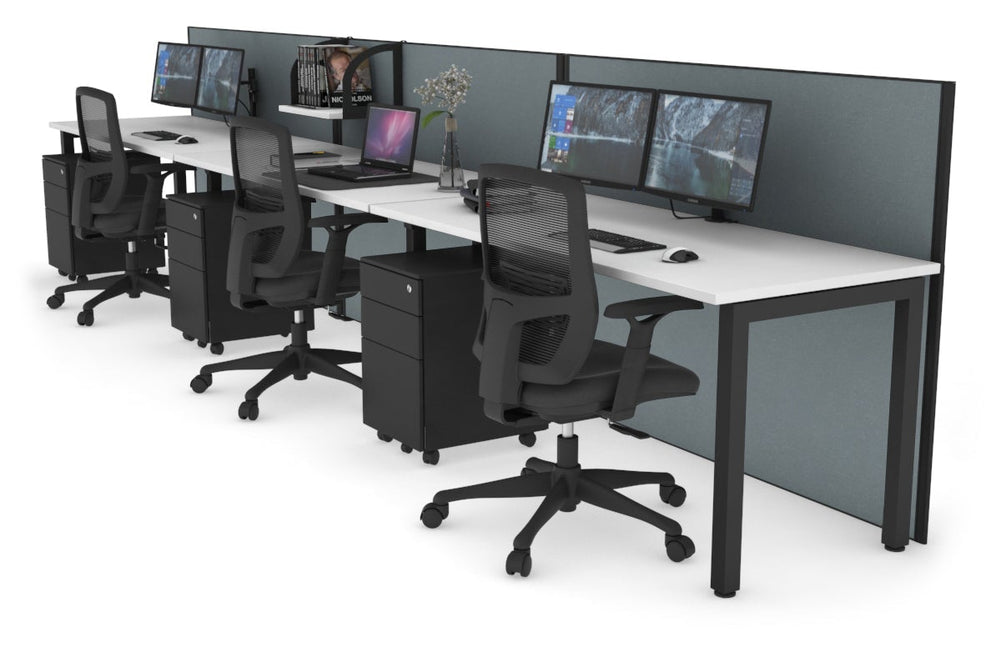 Horizon Quadro 3 Person Run Square Legs Office Workstation [1200L x 700W]-black leg white cool grey (1200H x 3600W)