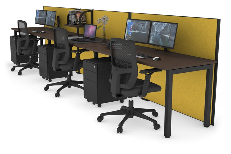 Horizon Quadro 3 Person Run Square Leg Office Workstations [1200L x 700W] Jasonl black leg wenge mustard yellow (1200H x 3600W)