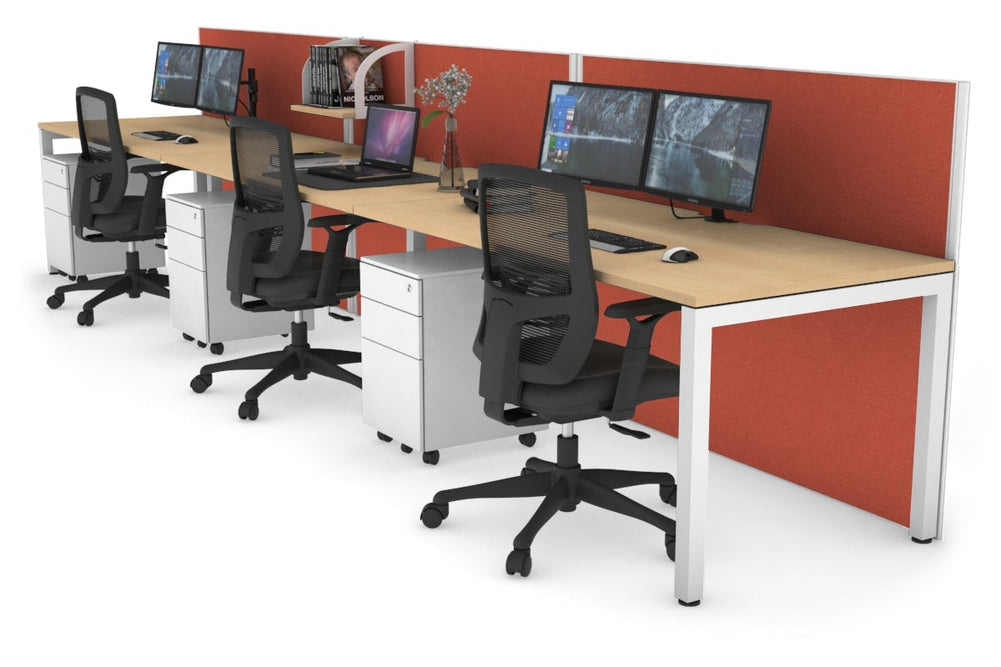 Horizon Quadro 3 Person Run Square Legs Office Workstation [1200L x 800W with Cable Scallop]-white leg maple orange squash (1200H x 3600W)