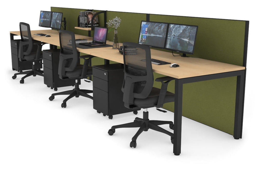 Horizon Quadro 3 Person Run Square Legs Office Workstation [1200L x 800W with Cable Scallop]-black leg maple green moss (1200H x 3600W)