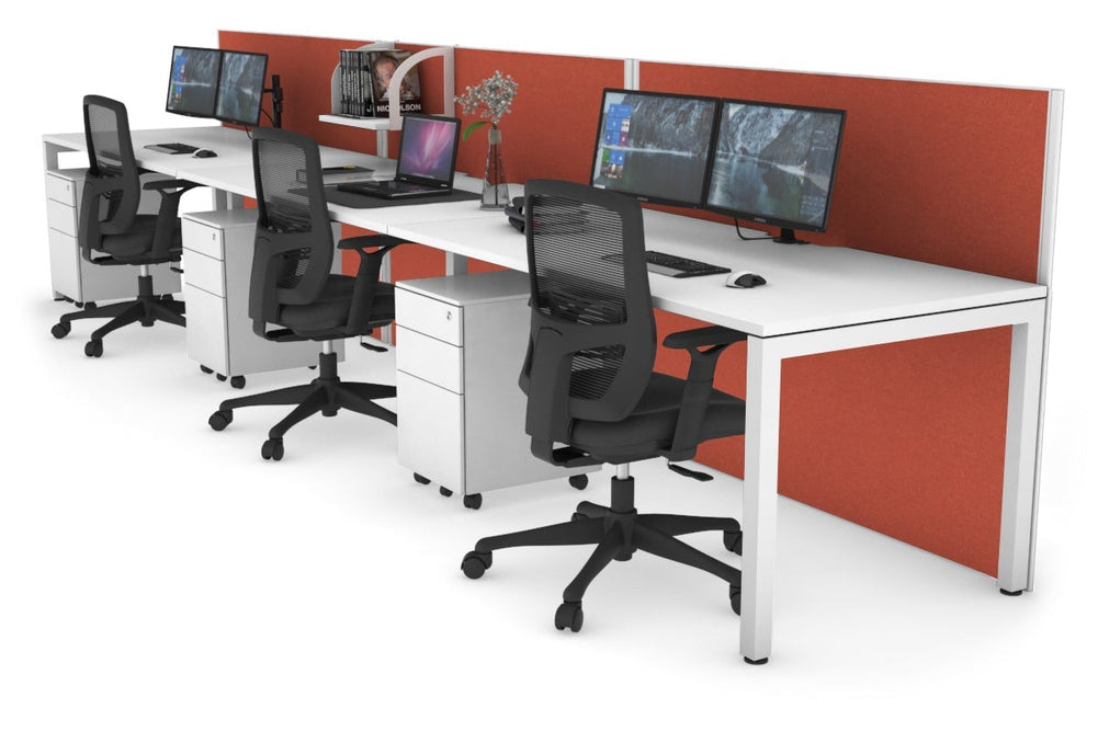 Horizon Quadro 3 Person Run Square Legs Office Workstation [1200L x 800W with Cable Scallop]-white leg white orange squash (1200H x 3600W)
