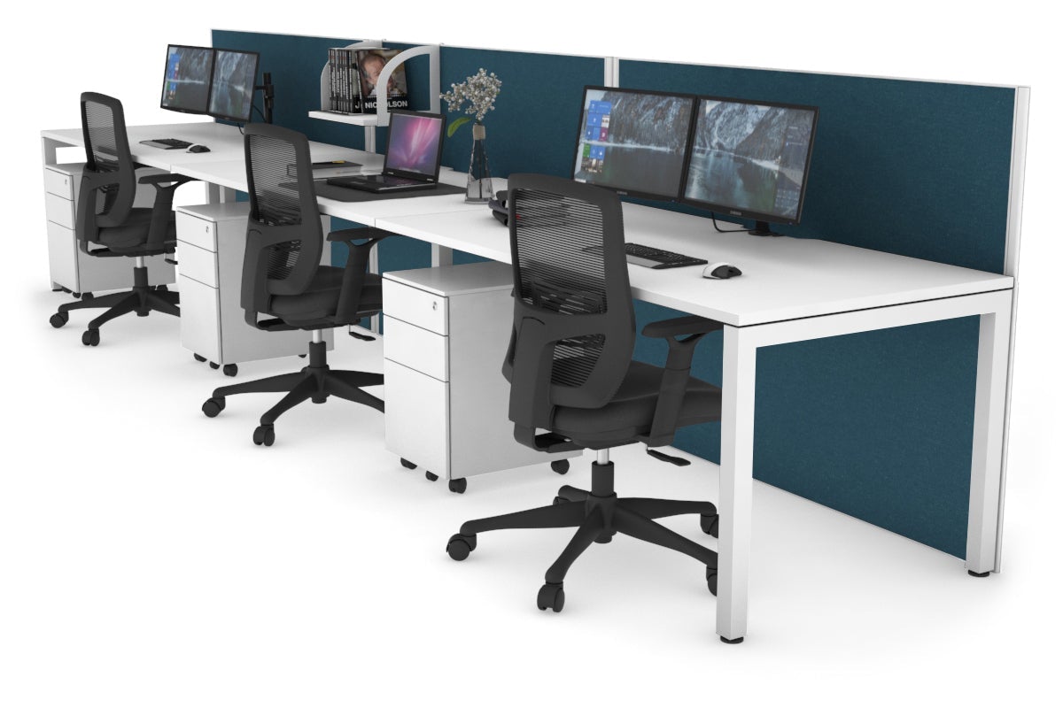 Horizon Quadro 3 Person Run Square Leg Office Workstations [1200L x 800W with Cable Scallop] Jasonl white leg white deep blue (1200H x 3600W)
